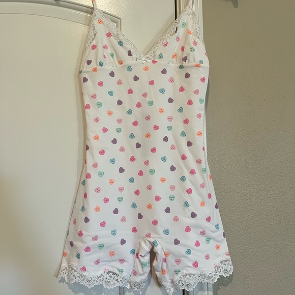 SKIMS Heart Print Lace Trim Romper Onesie